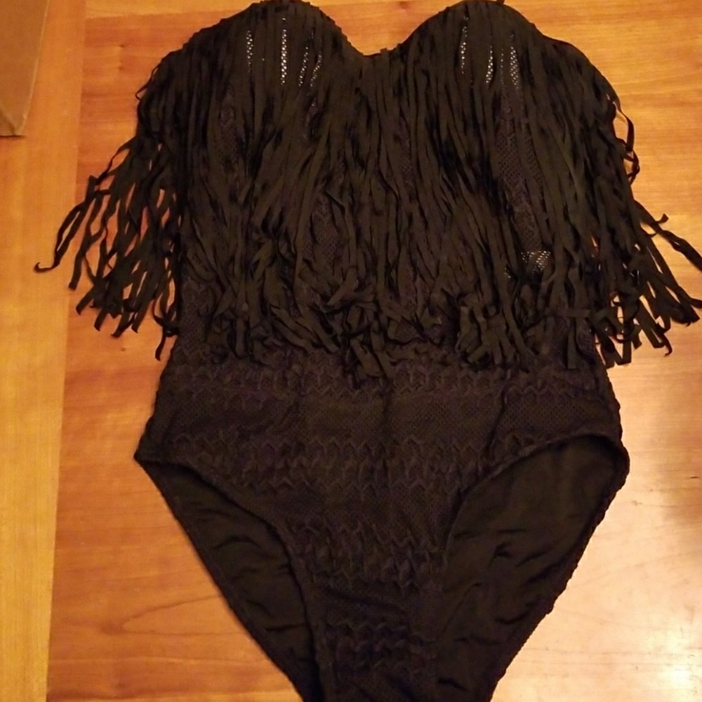 Black lace one piece bathing suit with fringe